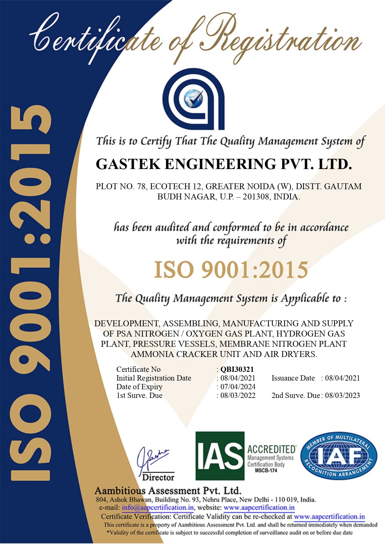 ISO 9001:2015 Quality Management System certification for Gastek Engineering