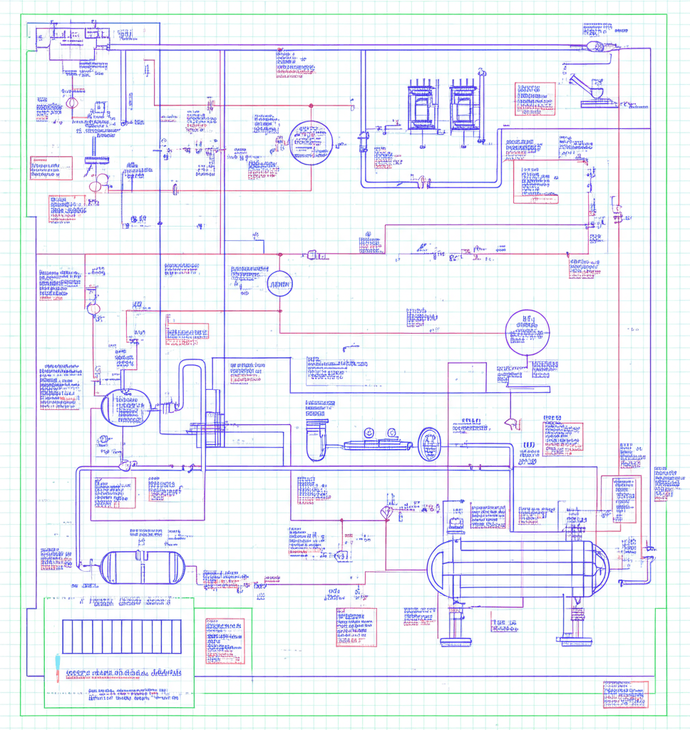 Industrial gas plant schematic diagram showing engineering complexity of gas generation systems