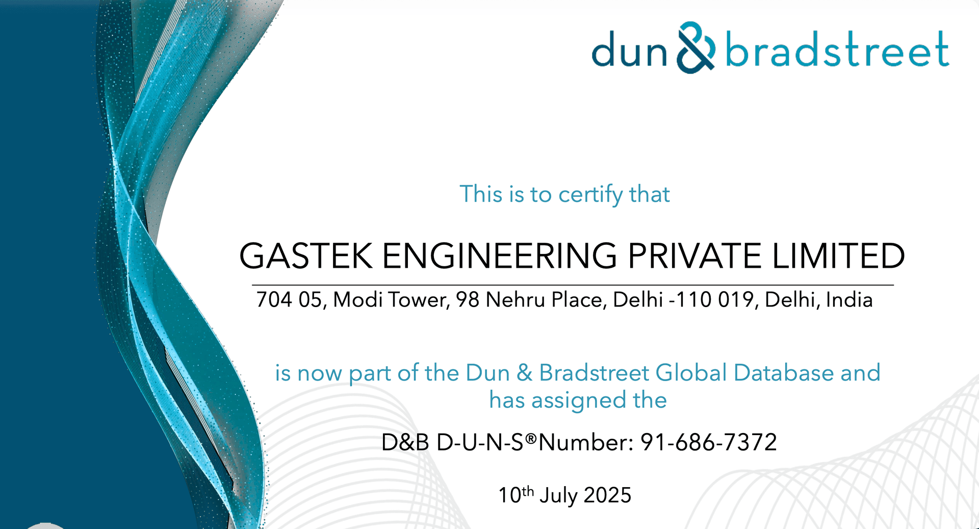 Dun & Bradstreet Certificate - Gastek Engineering Private Limited D-U-N-S Number 91-686-7372