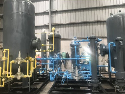 Membrane Nitrogen Generator with black vessels and blue piping for industrial nitrogen production